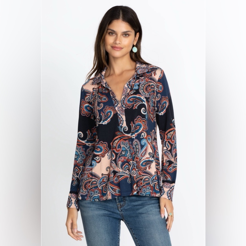 Johnny Was Fall Paisley Swing Polo Top Boho Whimsigoth Bamboo XS